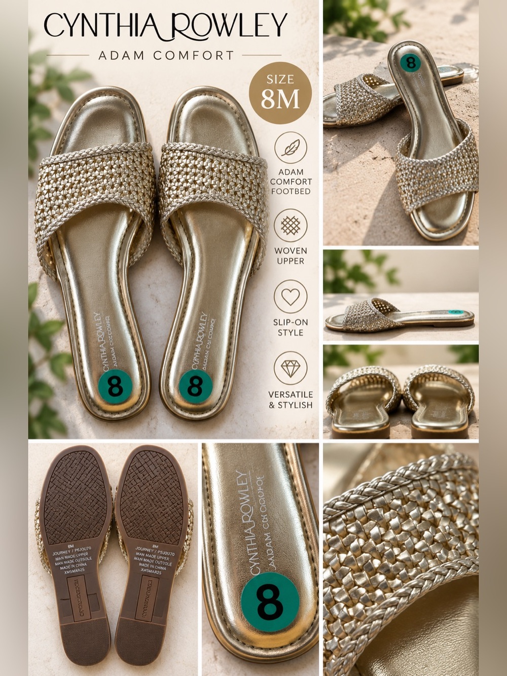 Cynthia Rowley Metallic Gold Woven Slide Sandals Size 8M Adam Comfort